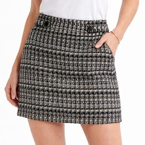 Ann Taylor Petite Tweed Mini Skirt Black White Metallic 2P Button Detail Lined